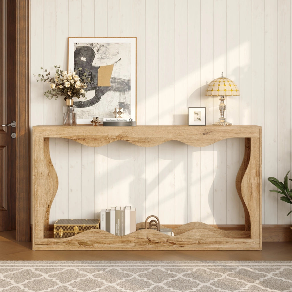 Consolle con bordo ondulato e 2 ripiani aperti, per ingresso, in pannello truciolare, naturale, 160,5 × 30 × 86,5 cm