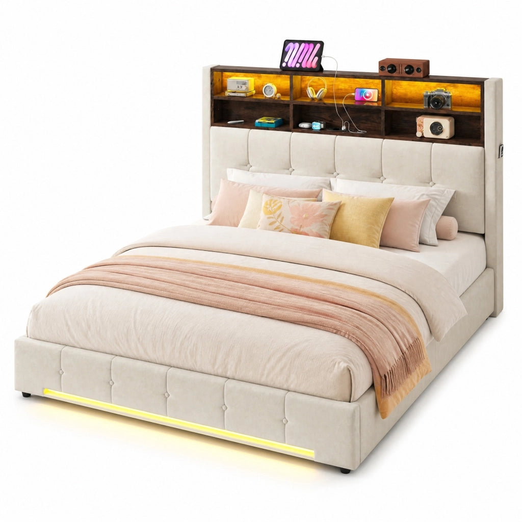 Letto matrimoniale 160x200 cm in velluto beige con contenitore; LED e USB-C