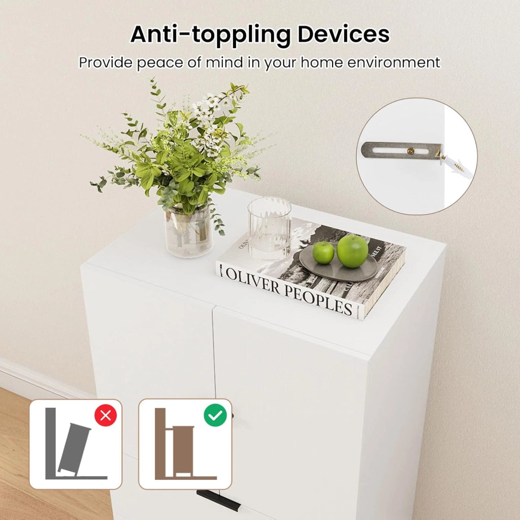 Mobiletto di Stoccaggio con 2 Cassetti e Scomparto a Doppie Porte, Tavolino in Stile Industriale con Gambe in Metallo Robuste, Dispositivo Anti-Ribaltamento, Caffè/Bianco