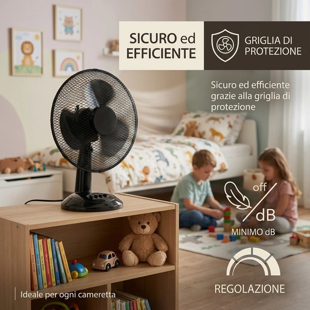 Ventilatore da Tavolo Diametro 30cm Potenza 35W Nero con 3 Velocità Silenzioso