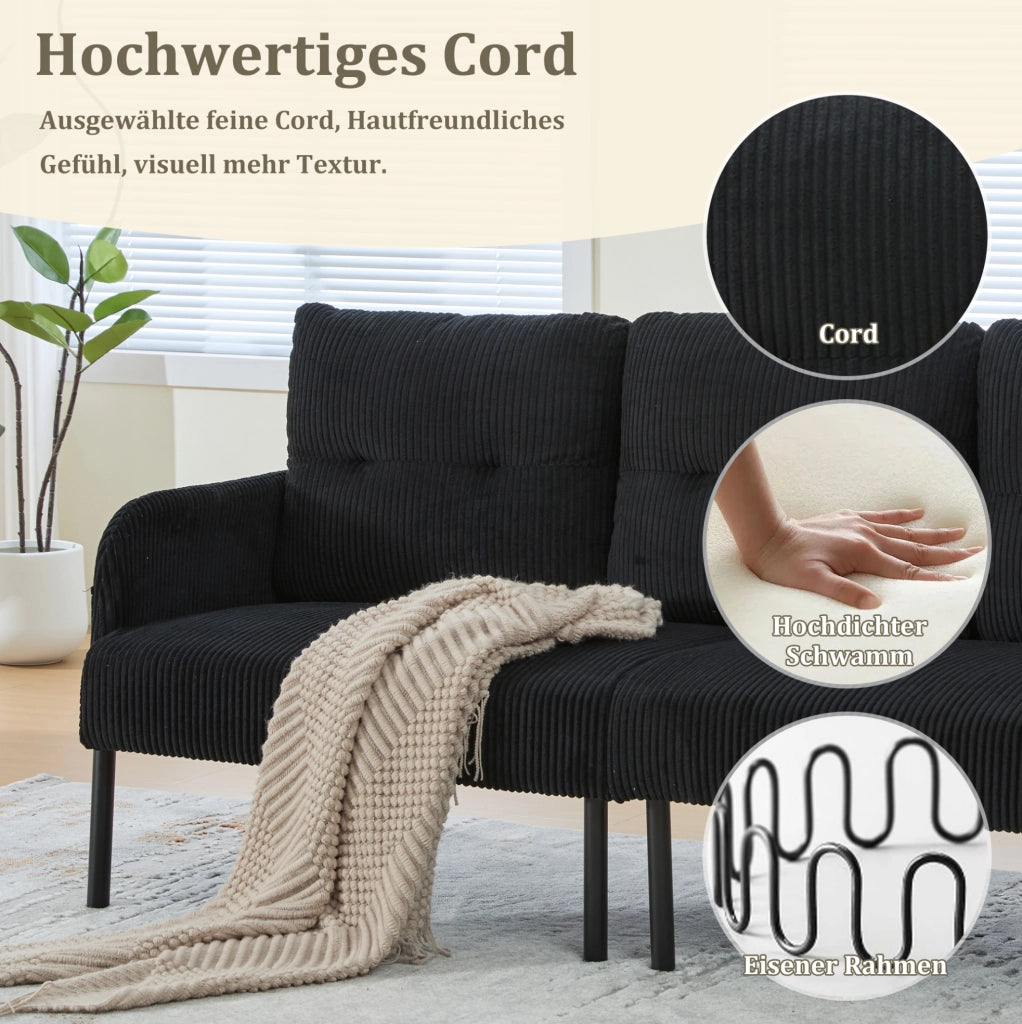 Divano 3 posti in corduroy nero con tasca laterale; struttura in metallo; 171 x 72 x 80 cm