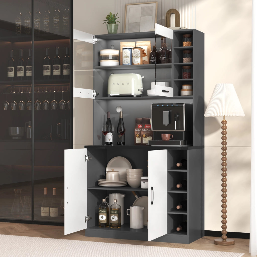 Credenza alta da cucina con 2 ante; 5 vani e ripiani laterali regolabili con LED; in MDF; 100x47x187 cm