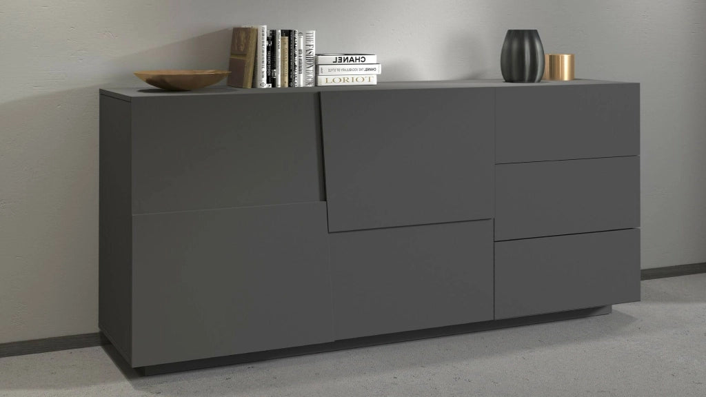 Credenza Avelignese, Buffet da soggiorno, Madia da salotto con 2 ante e 3 cassetti, 180x44h86 cm, Antracite