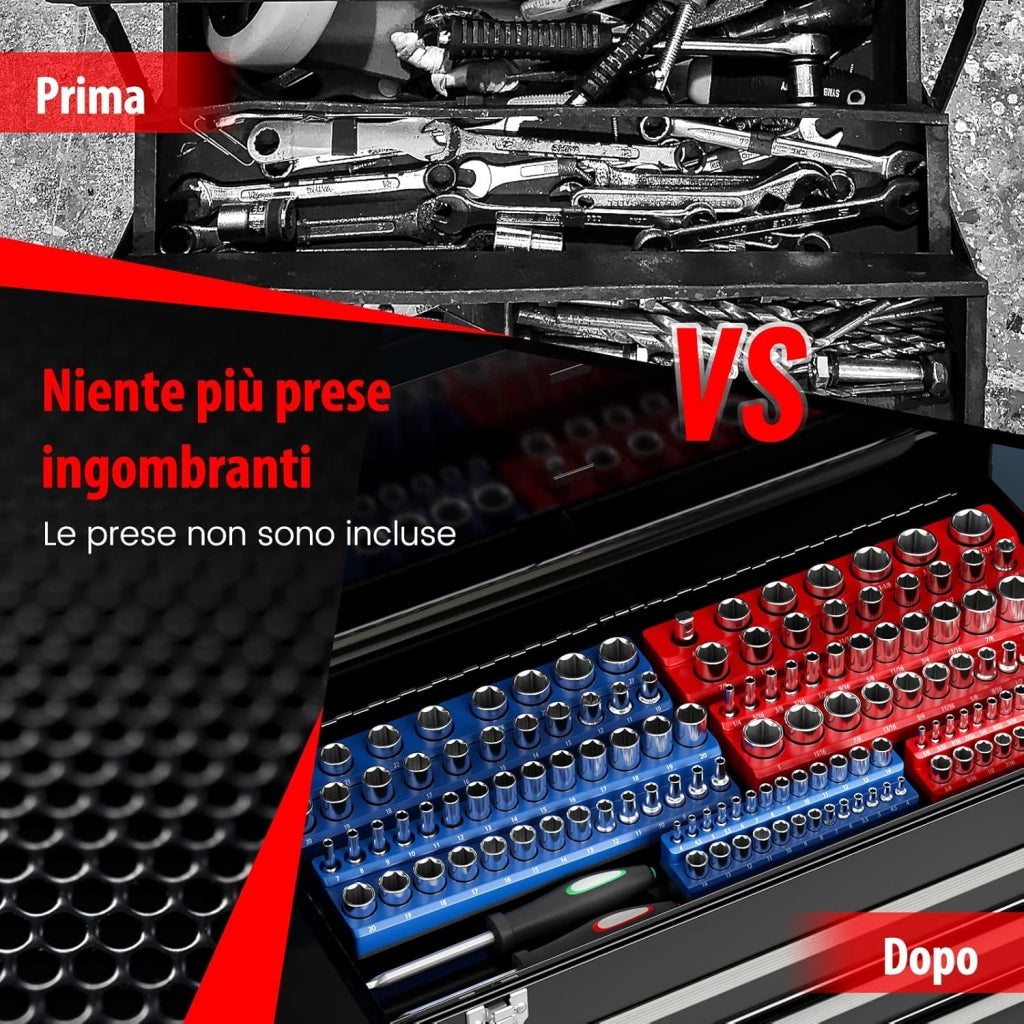 6 Pezzi Set di Supporti Magnetici per Punte delle Chiavi a Bussola, Organizer per Punte con Unità da 2,5/10cm, 7,5/20cm e 2,5/10cm, Rosso SAE e Blu Metrico