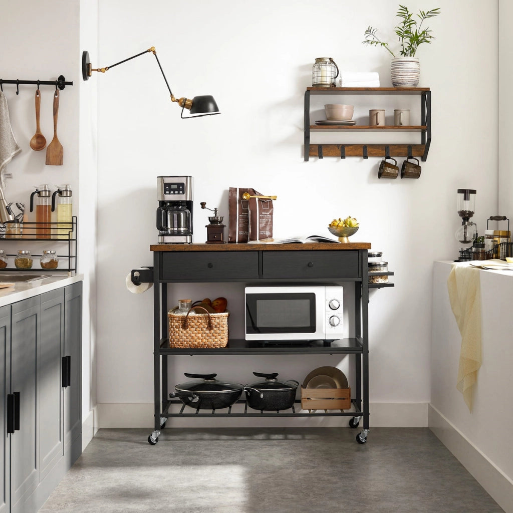 Isola da cucina industriale con ruote in legno e acciaio