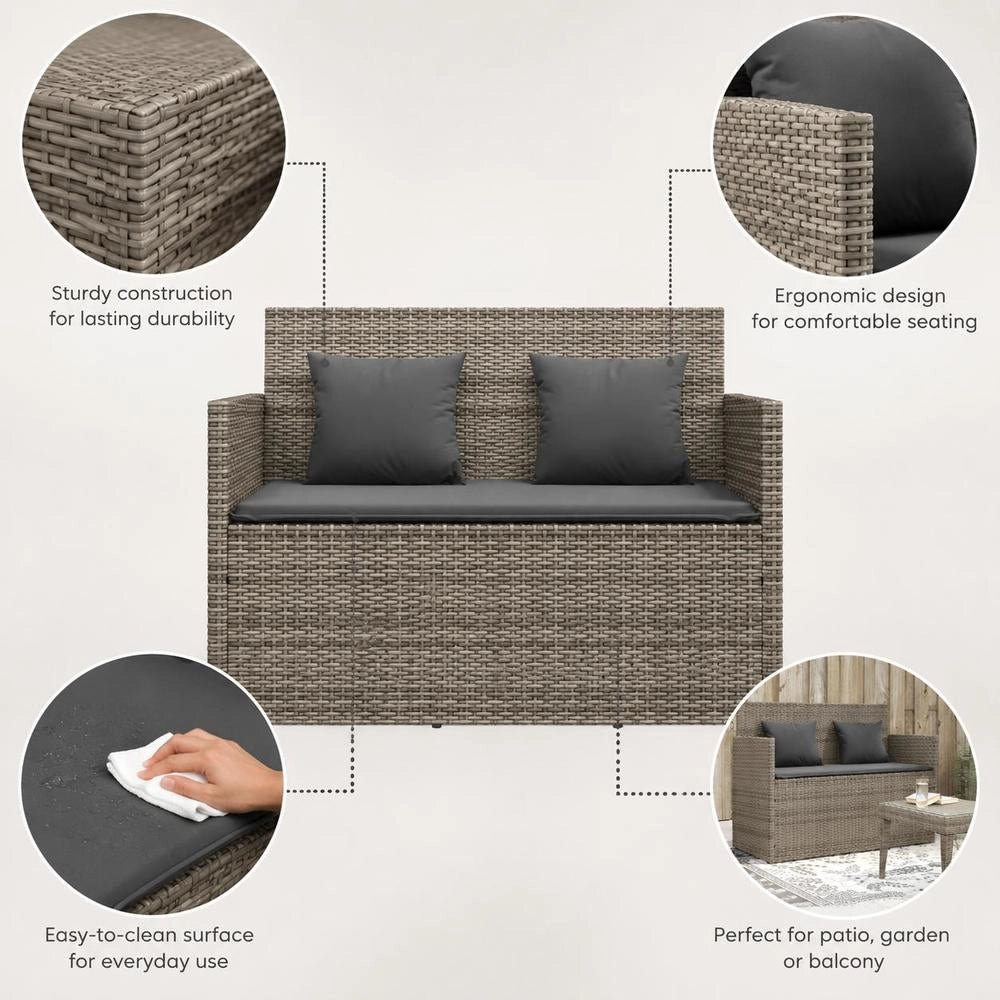 Garden Bench With Cushions, Grey Poly Rattan