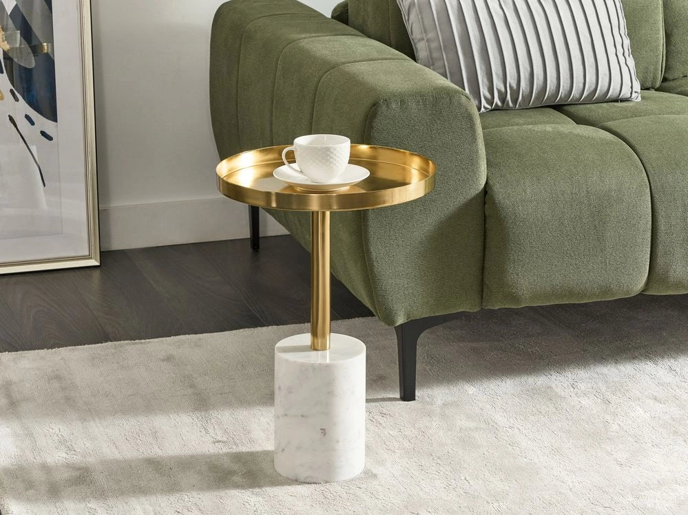 Tavolino moderno rotondo forma geometrica piano in pietra base in metallo bianco e oro soggiorno elegante