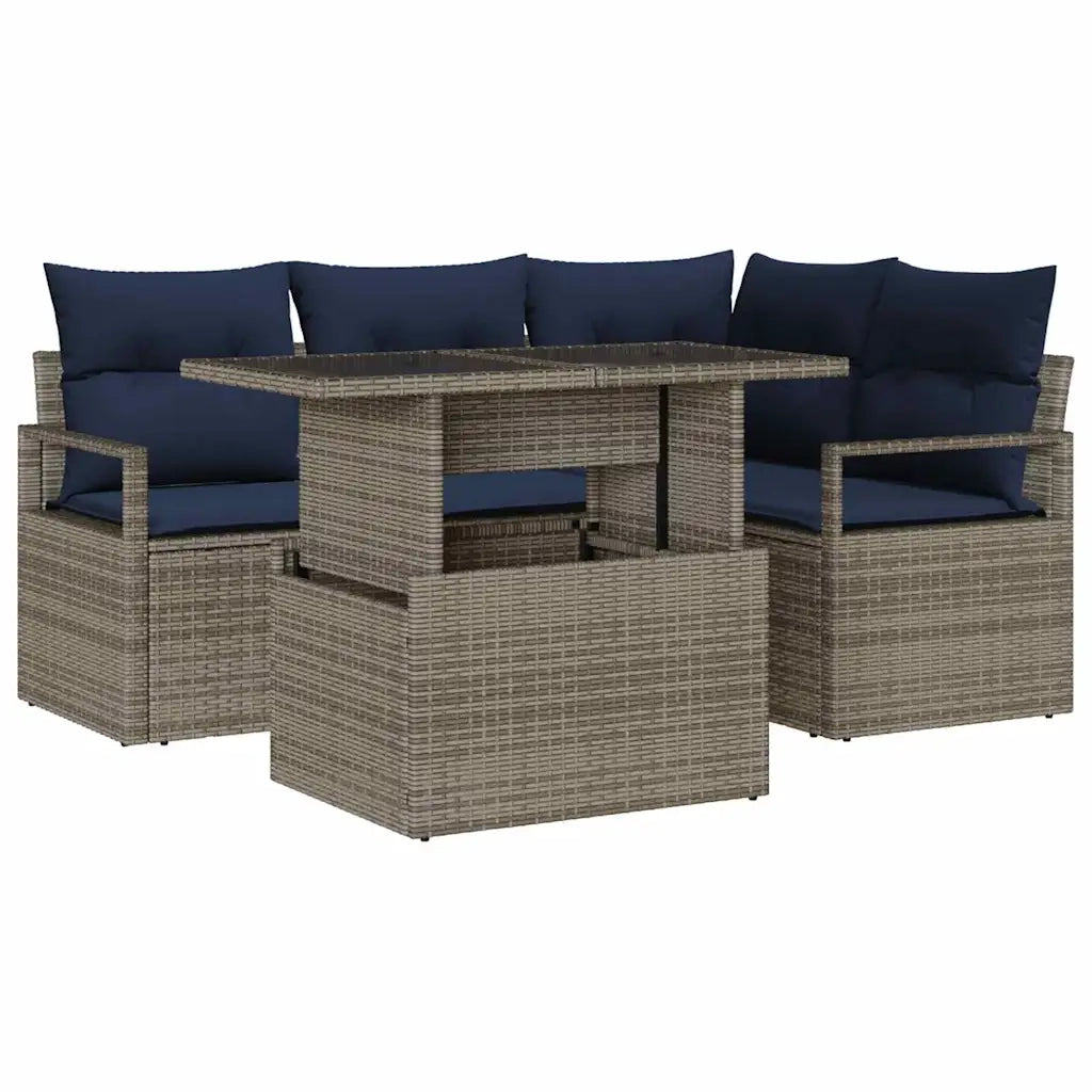 Set Divano da Giardino 5 pcs Grigio e Blu Navy polyrattan
