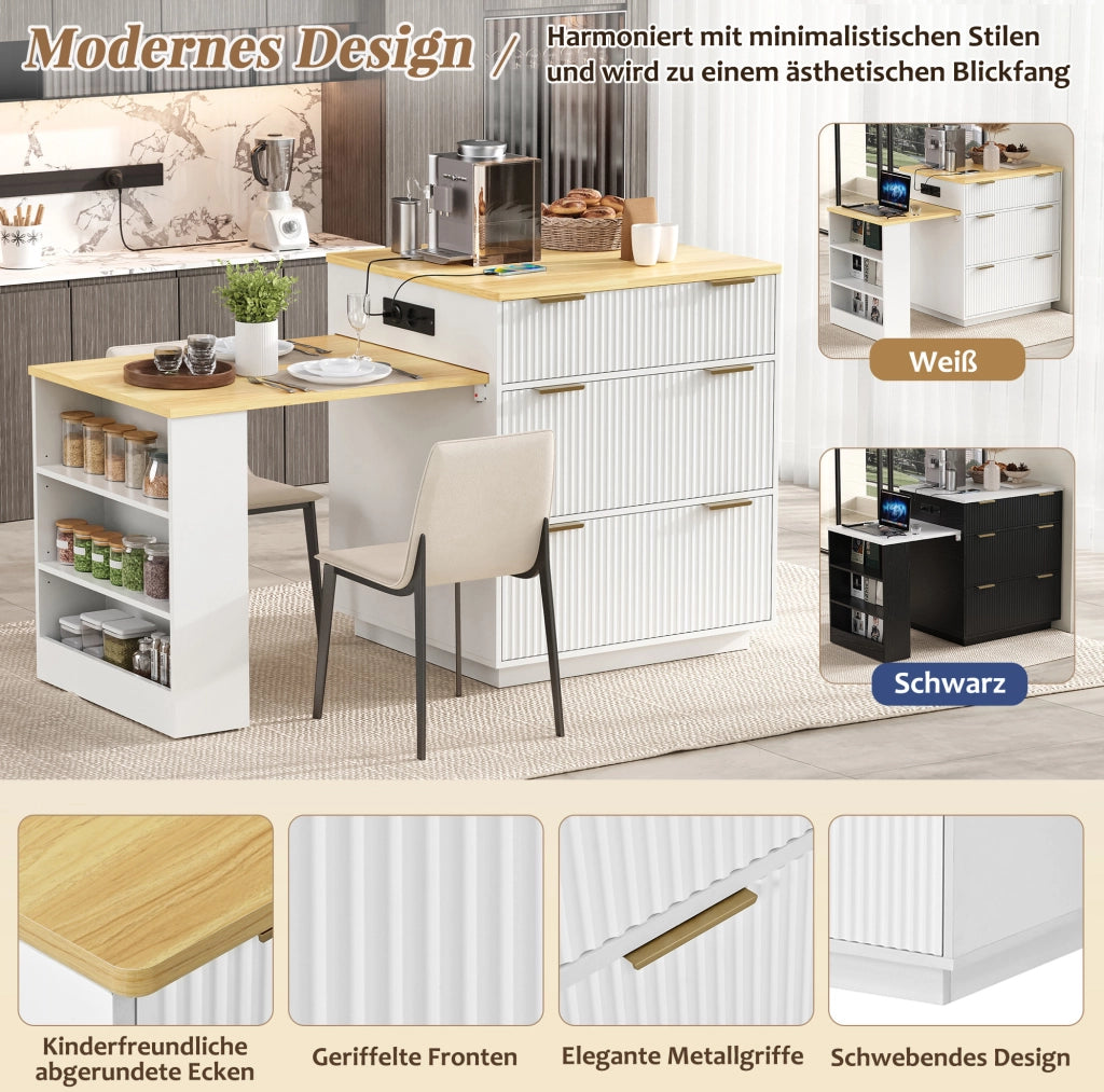 Isola cucina con tavolo estraibile, LED e prese USB, bianca