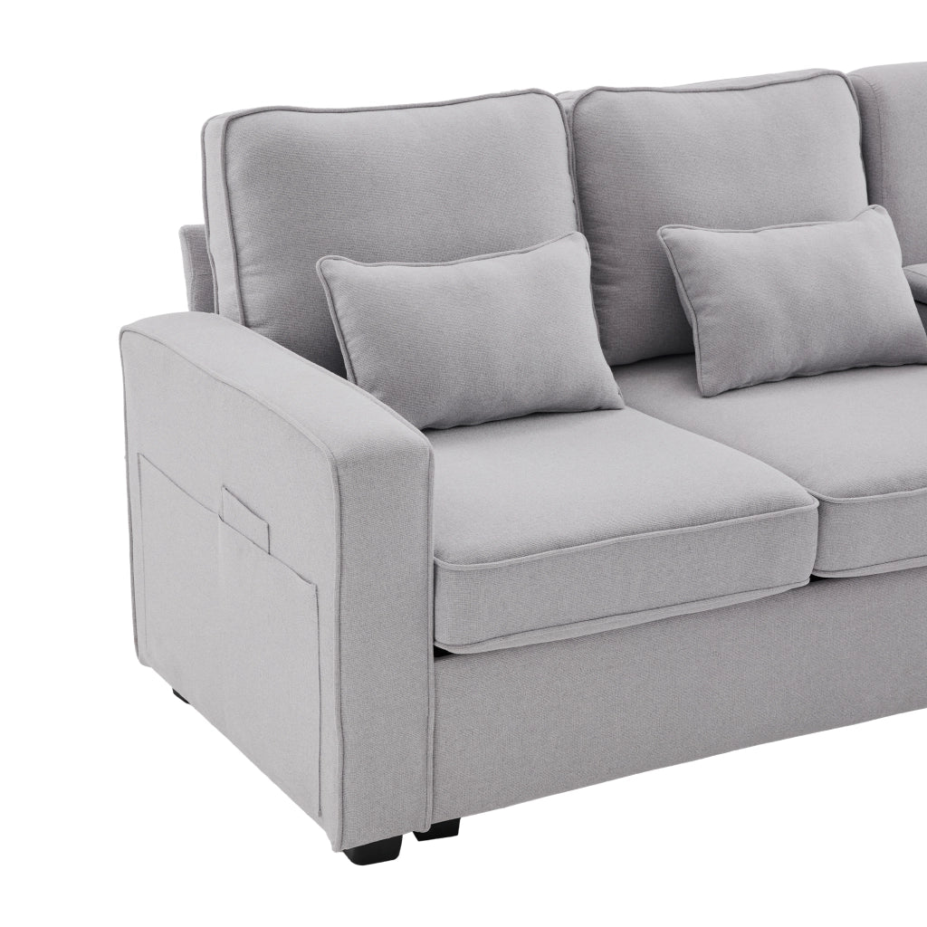 Divano 4 Posti in Tessuto con Cuscini, Braccioli e Portabicchieri ¨C MINIMAL ¨C Beige/Grigio
