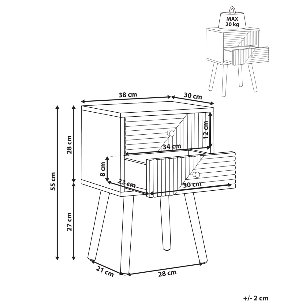 Comodino marrone chiaro in MDF con gambe in legno di pino e 2 cassetti Tavolino moderno