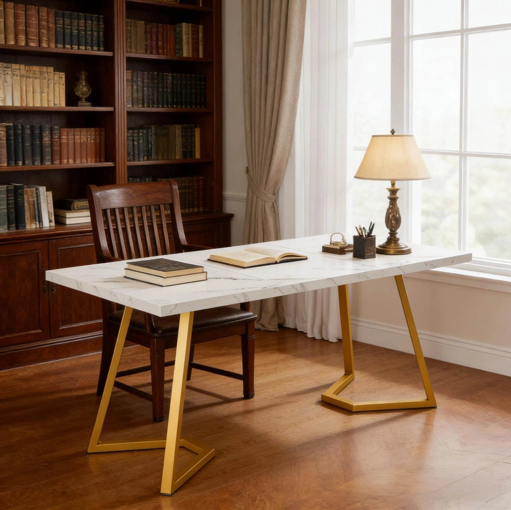 Scrivania per Home Office in legno con design moderno bianco e oro