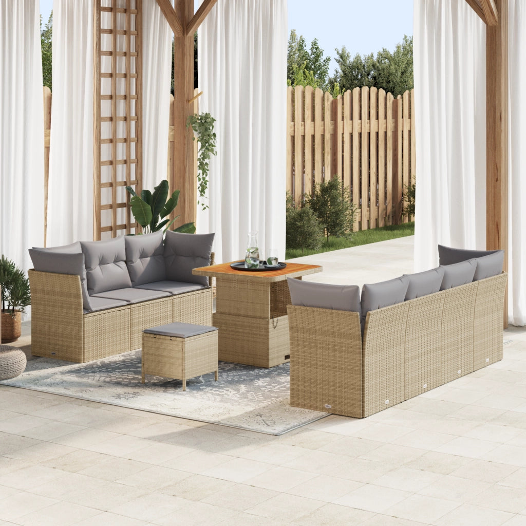 Set di Divani da Giardino  10 Pezzi con Cuscini Beige Polyrattan Acacia