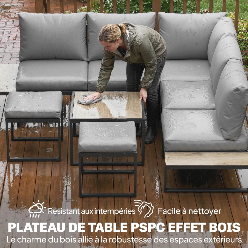 Set da giardino 6 posti con tavolo e divano modulabile ¨C zephmum ¨C cuscini grigi 10cm, legno