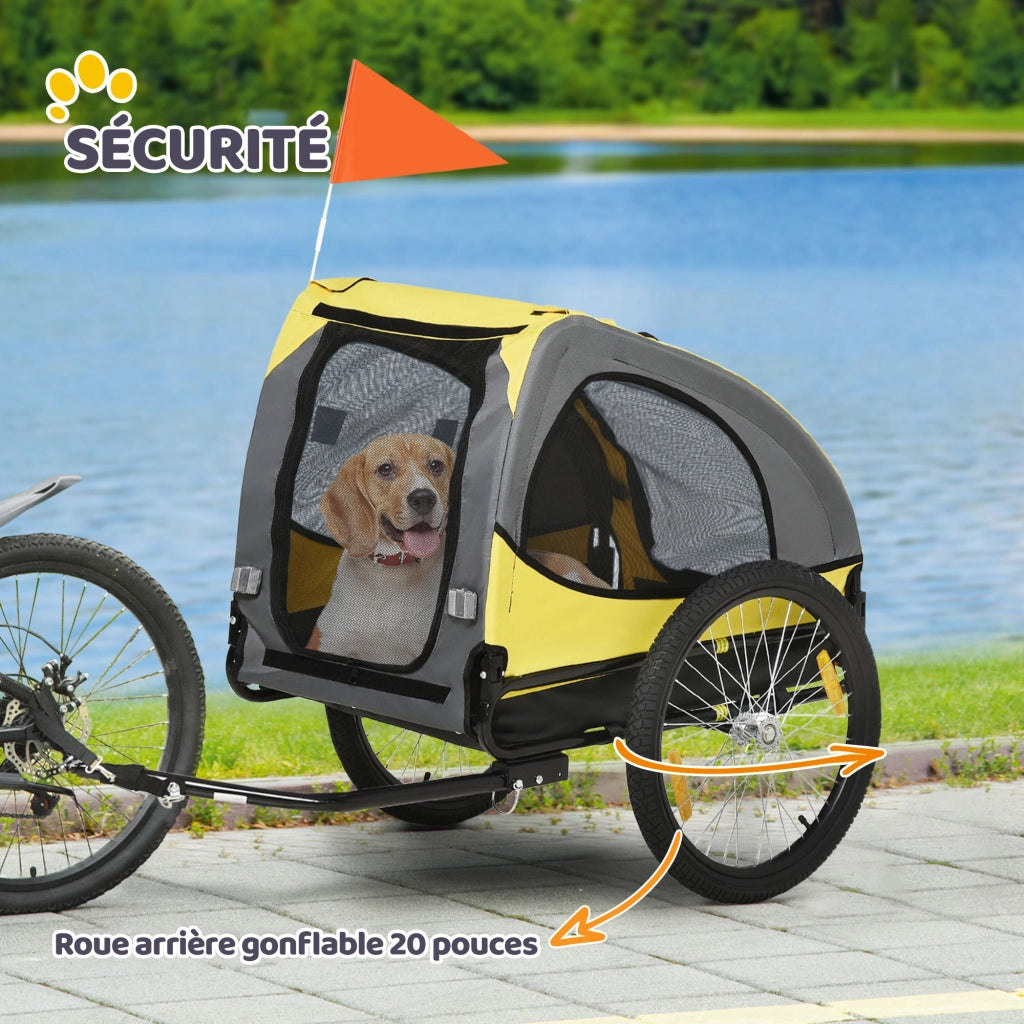 Rimorchio per cani da bicicletta con finestre a rete riflettori e bandiera di sicurezza ¨C Xylo ¨C 140x71x83 cm giallo