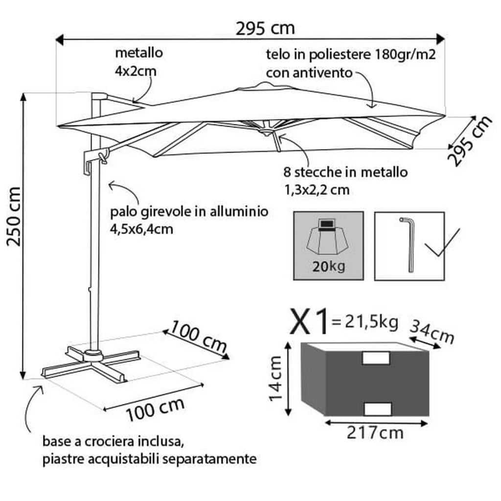 Ombrellone da giardino 3x3 con telo in poliestere Ecru palo Nero antivento mod. Newton