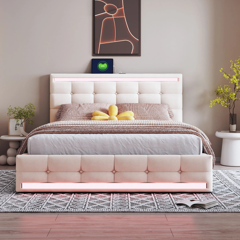 Letto matrimoniale imbottito LED 140 x 200 cm con contenitore e USB beige