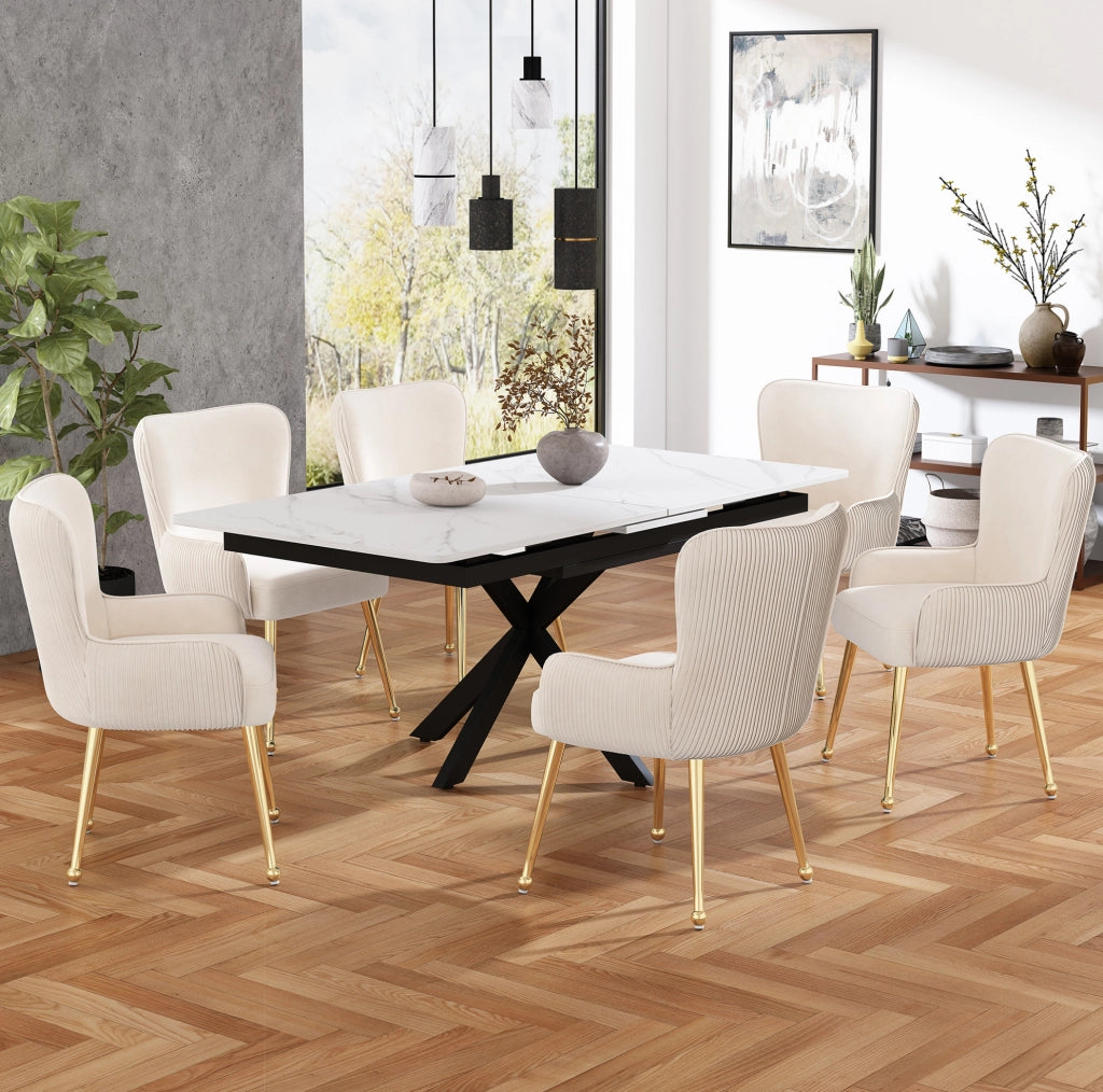 Set di 6 sedie con braccioli in velluto beige e gambe dorate