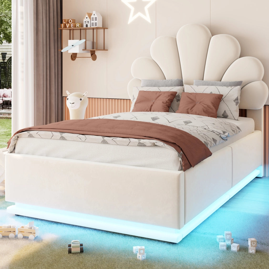 Letto Contenitore 90x200 cm; con LED e Contenitore Idraulico in Velluto Beige