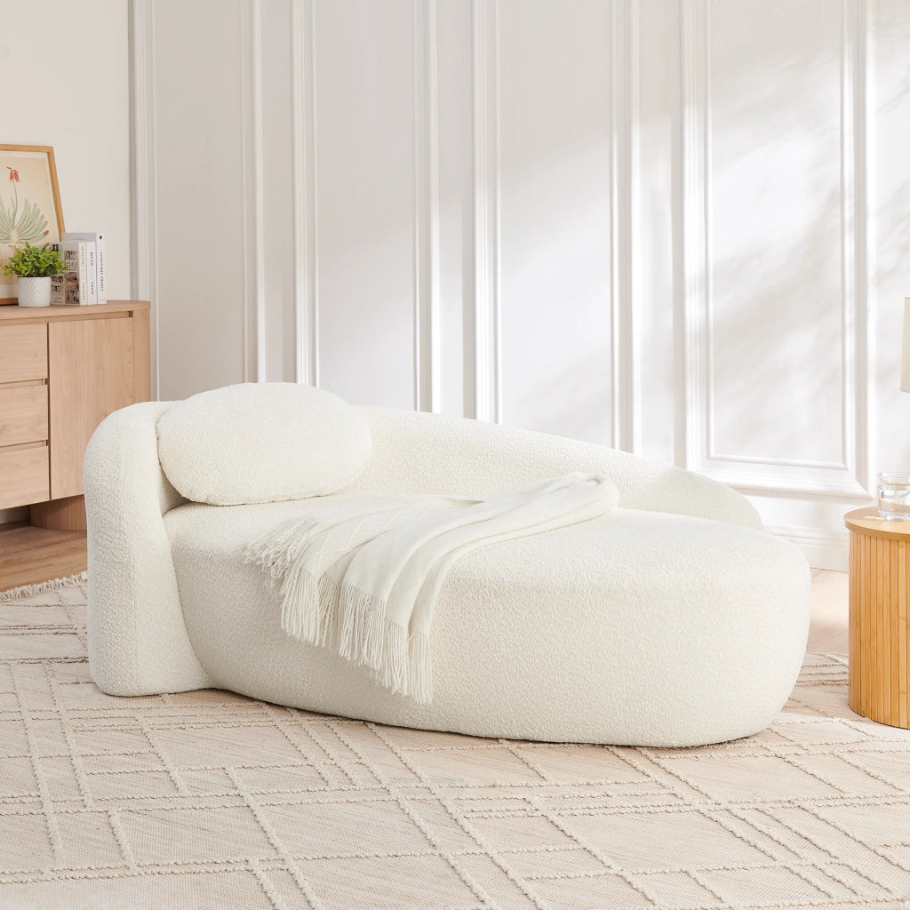 Divano in tessuto teddy con design arrotondato, cuscino integrato, schiuma elastica, beige