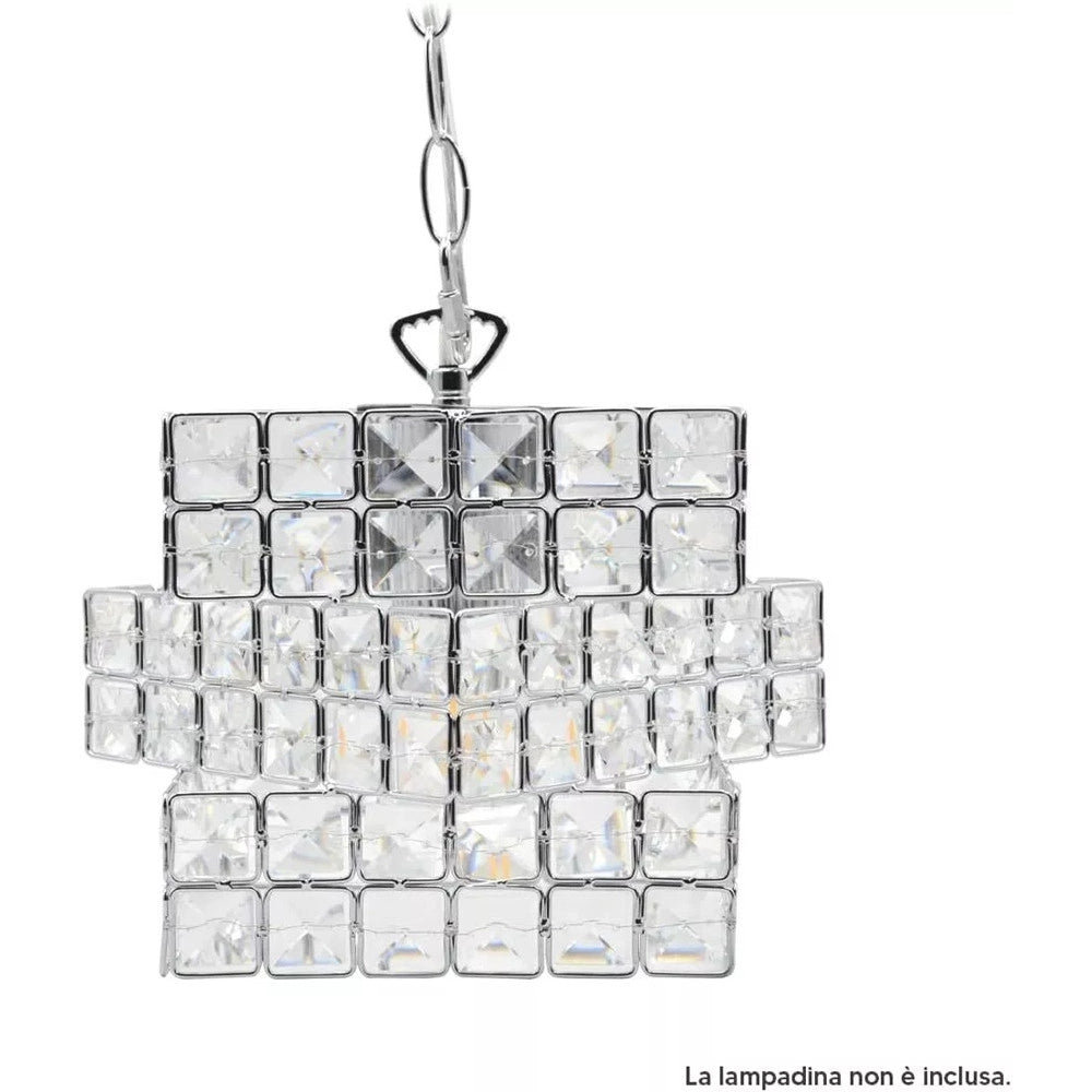 Trade Shop - Lampadario Sospeso Cubo Intrecciato Con Cristalli Lampada Luce E27 Argento 32408 -