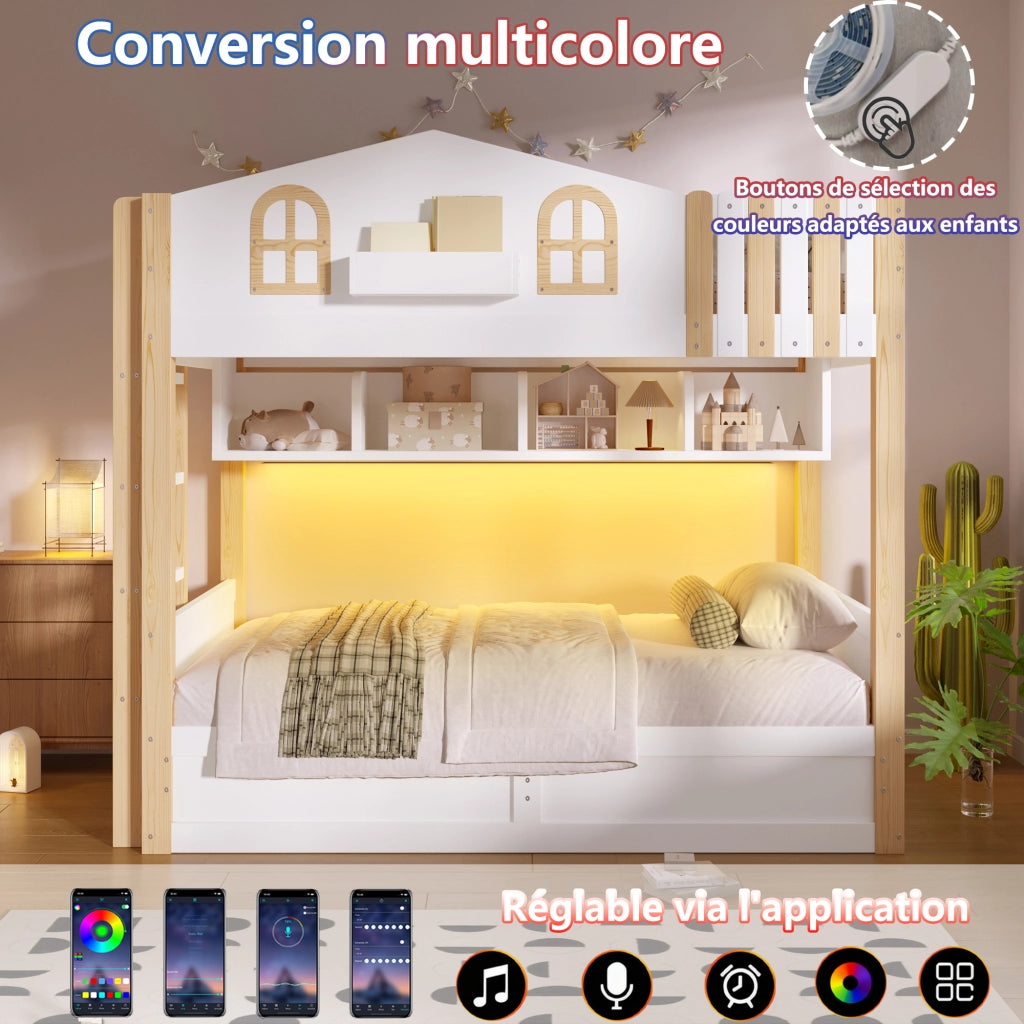 Letto a castello a casetta 90x200 cm con contenitore idraulico; LED; ripiano e scala reversibile; bianco e legno