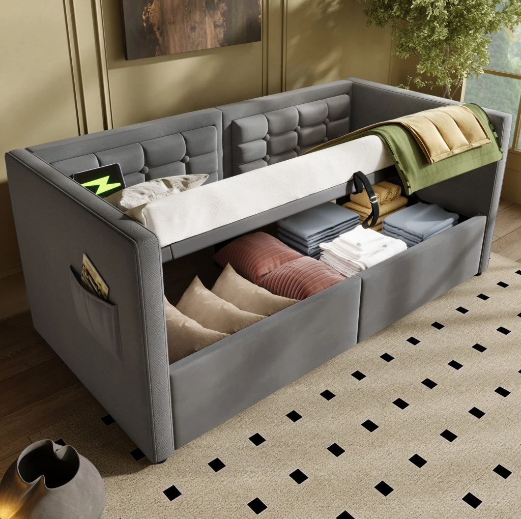 Divano letto singolo 90x190 cm in velluto grigio con contenitore idraulico e USB Type-C