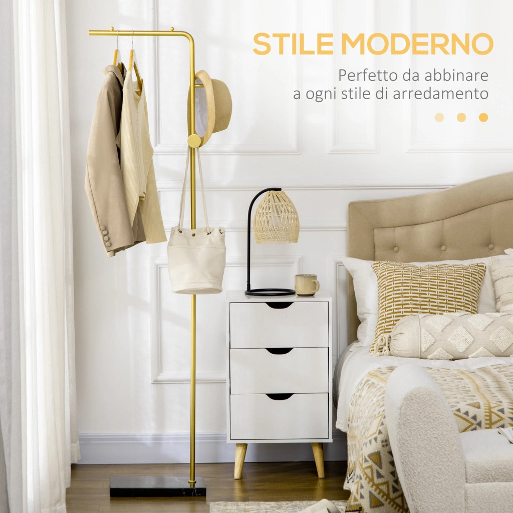EasyComfort Appendiabiti con 2 Ganci per Ingresso, Camera da Letto e Soggiorno in Metallo e Marmo, 35x25x170 cm, Oro e Nero