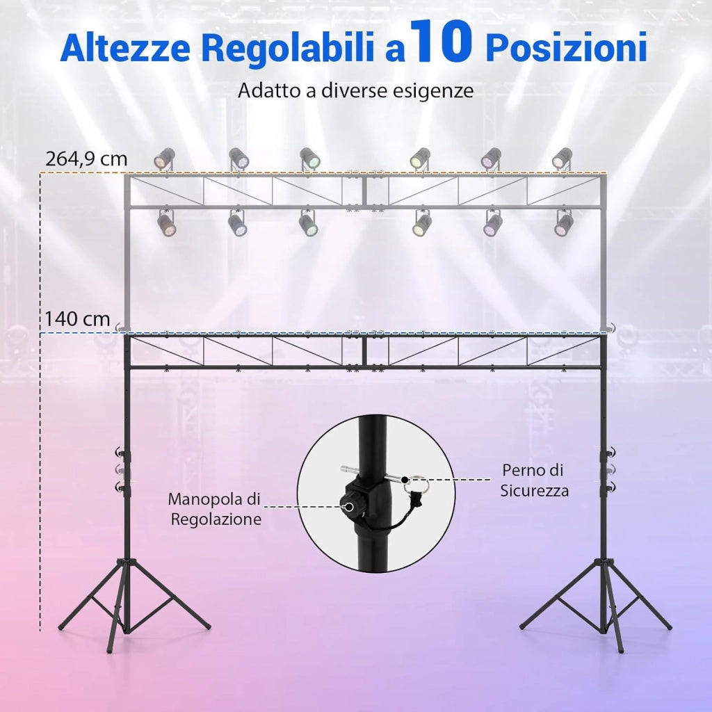 Supporto Luce a Traliccio, Traliccio Luci Regolabile in Altezza 140-264,9 cm con Piedini Antiscivolo, Treppiede Stabile in Ferro, Portata 50 kg, Pieghevole per Palco, Eventi, Feste e Concerti