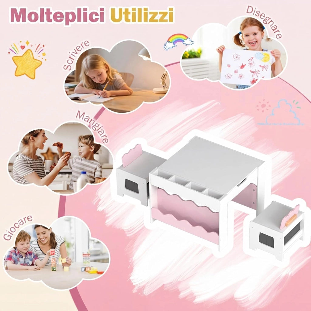 4 in 1 Set Tavolo e 2 Sedie per Bambini 3+ Anni (Rosa e Bianco) | Tavolo e Sedie con Lavagna Rimovibile, Sedia con Cassetto in Tessuto, Mobile in Legno Versatile per Cameretta e Soggiorno