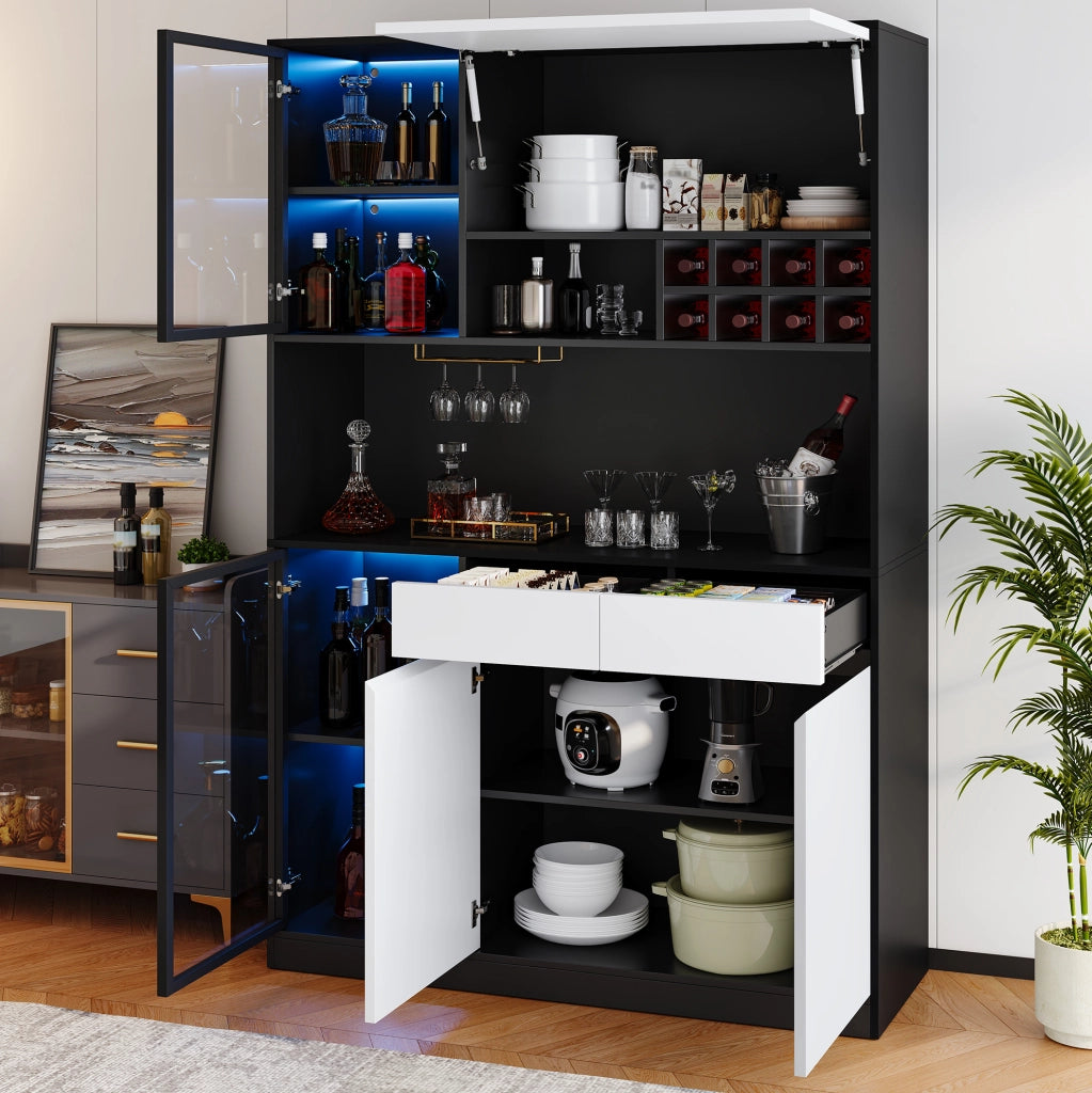 Highboard moderno con LED e vetrine 120x35x180 cm in MDF; nero e bianco