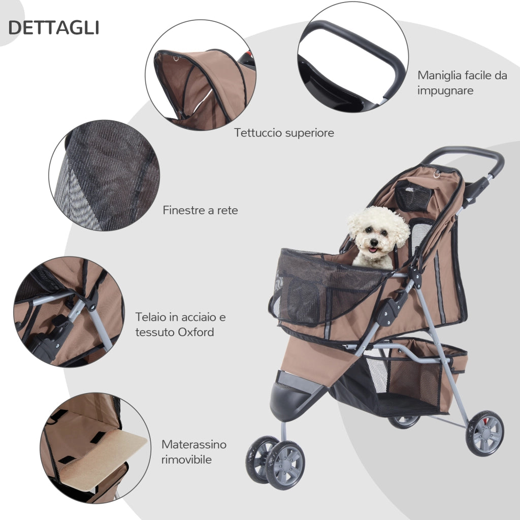 EasyComfort Passeggino per Cani Piccoli Pieghevole, Carrozzina per Cani con Ruote con Freni, Portabicchieri, Cestino Portaoggetti e Imbottitura Rimovibile e Lavabile, per Animali Domestici 10 kg, Caffè
