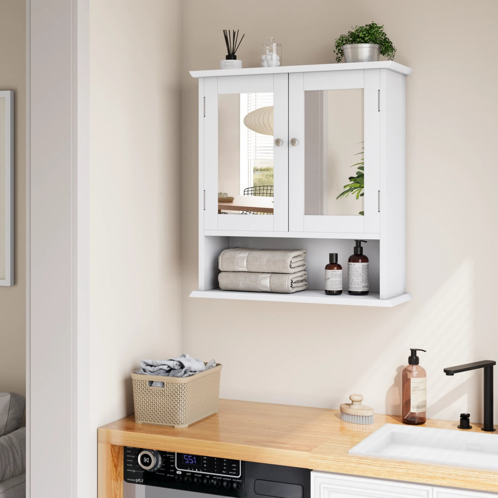 Mobiletto bagno con specchio bianco da parete, con ripiani regolabili e vano portaoggetti