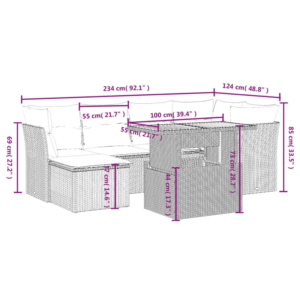 Set Divani da Giardino 7 pz con Cuscini Beige in Polyrattan