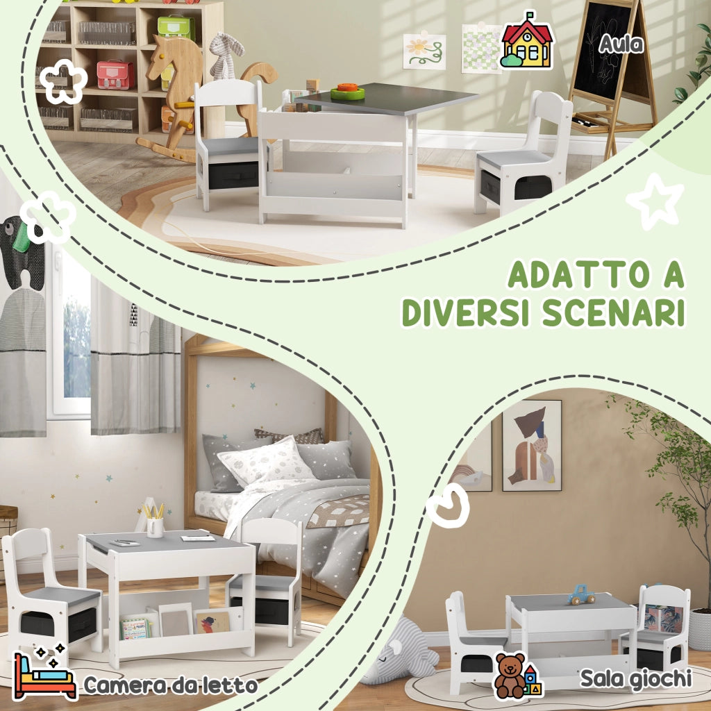 Tavolino per Bambini con 2 Sedie ¨C zephmum ¨C Grigio, Piano 3 in 1 con Lavagna