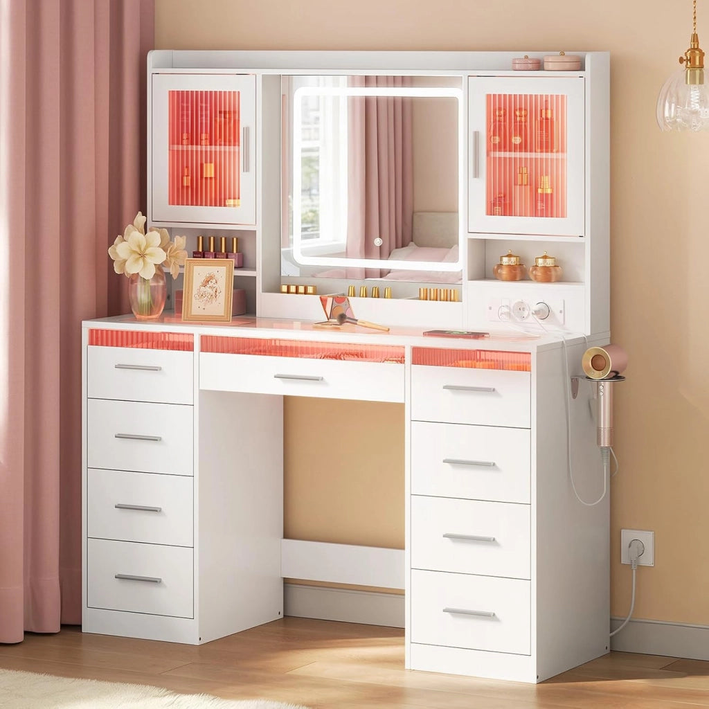Toeletta con Specchio e LED Regolabili, 2 Armadietti con Ante e Luci RGB, 9 Cassetti e Multipresa, Piano in Vetro Temperato, Postazione Trucco, per Camera da Letto, Cabina Armadio, Bianco