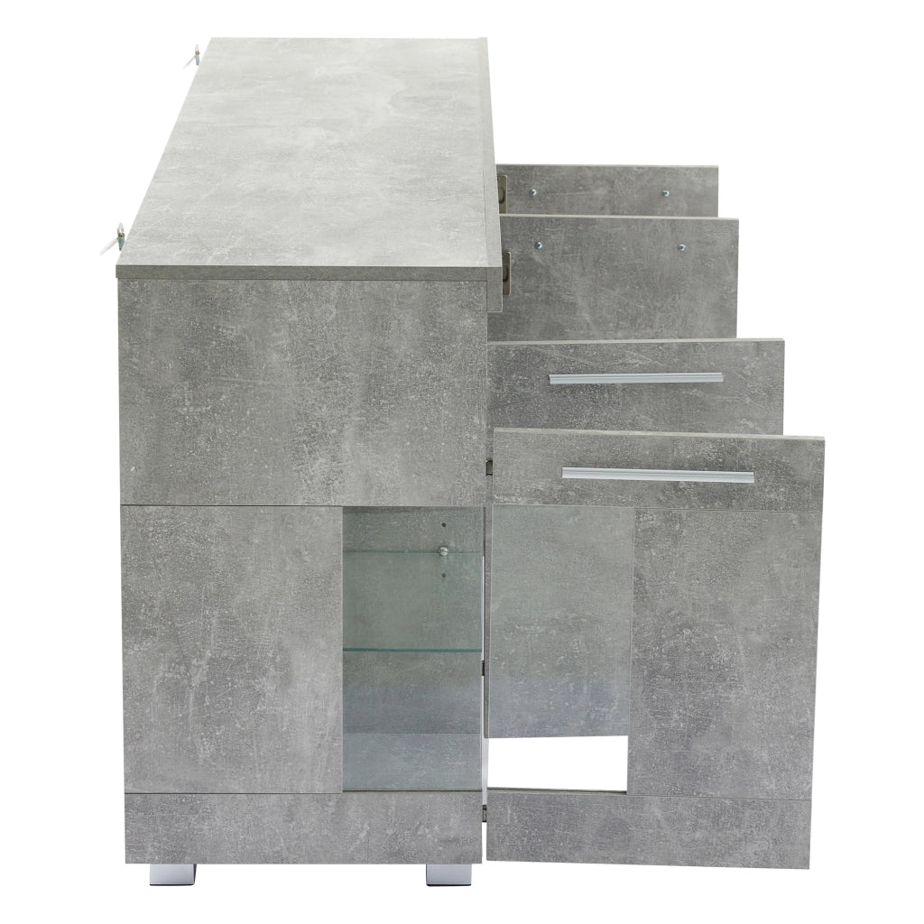 Credenza e madia con LED e ante in vetro temperato, 3 vani contenitore, per soggiorno, in MDF, grigio cemento 140 × 40 × 70 cm
