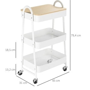Carrello da cucina 45x31x79.4 cm con 3 ripiani e coperchio in acciaio bianco