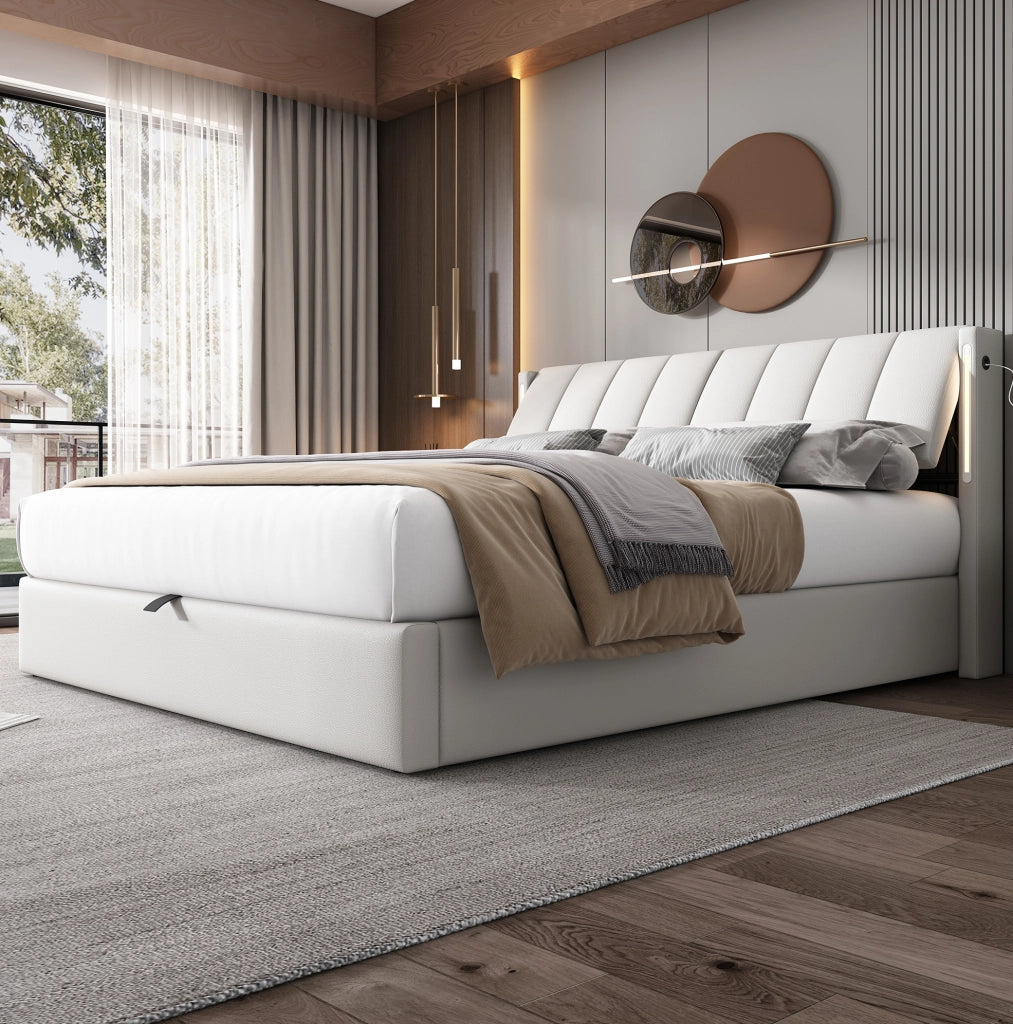 Letto contenitore 180x200 cm con LED; USB C e testiera regolabile; PU bianco