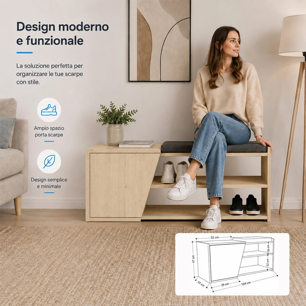 Panca Scarpiera Ingresso Casa 2 Ripiani Porta Scarpe con Anta e Cuscino Quercia