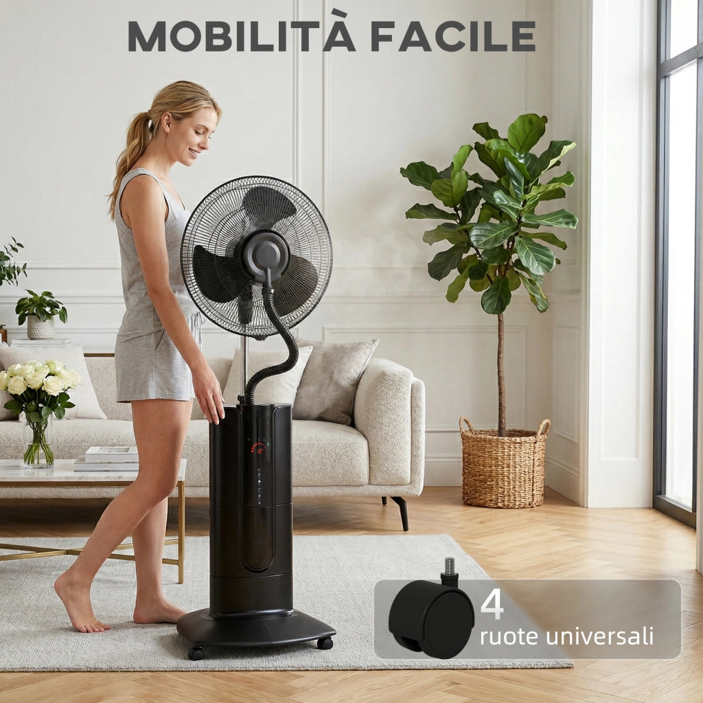 Ventilatore a Piantana 3 in 1 Oscillante 45x38x130 cm con Nebulizzatore d'Acqua Telecomando e Timer 9h Nero