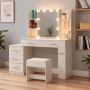 Tavolo da trucco 100x40,5x136 cm bianco con specchio scorrevole, LED e vani, MDF,