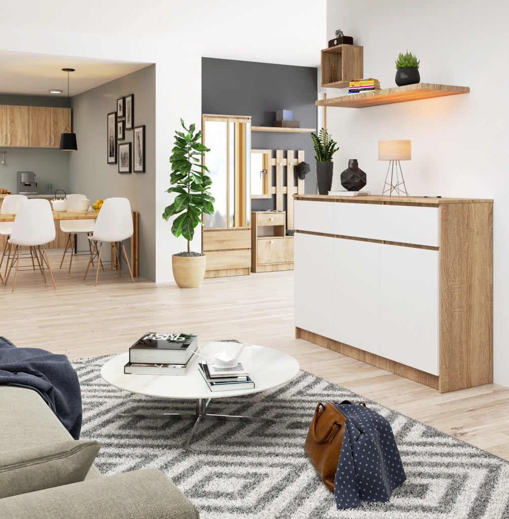 Cassettiera AKORD K140 Sonoma Quercia 138 cm 3 ante 3 cassetti inserto frontale Bianco 138x40x99 cm