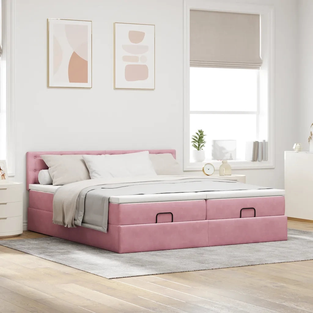 Struttura Letto Pouf con Materassi Rosa 160x200 cm Velluto
