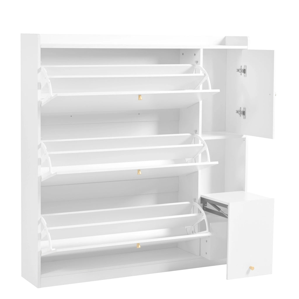Scarpiera inclinabile con 3 ante ribaltabili, ripiano regolabile e seduta richiudibile, bianco, 119 x 24 x 122 cm