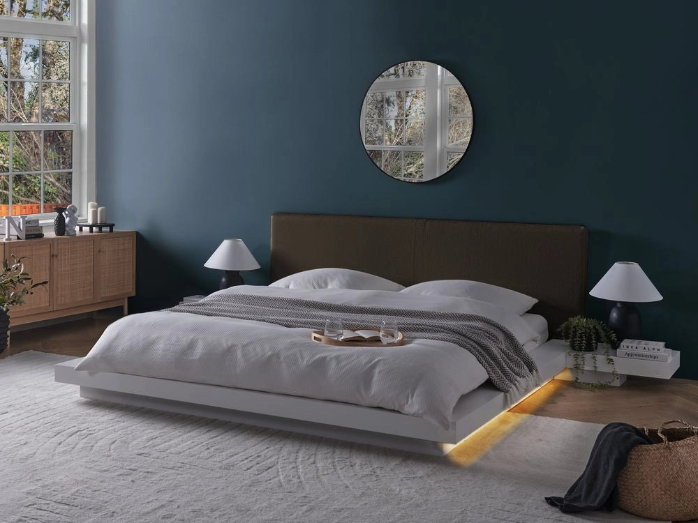 Letto matrimoniale con comodini a LED testata bouclé bianco in frassino bianco 160 x 200 cm stile giapponese
