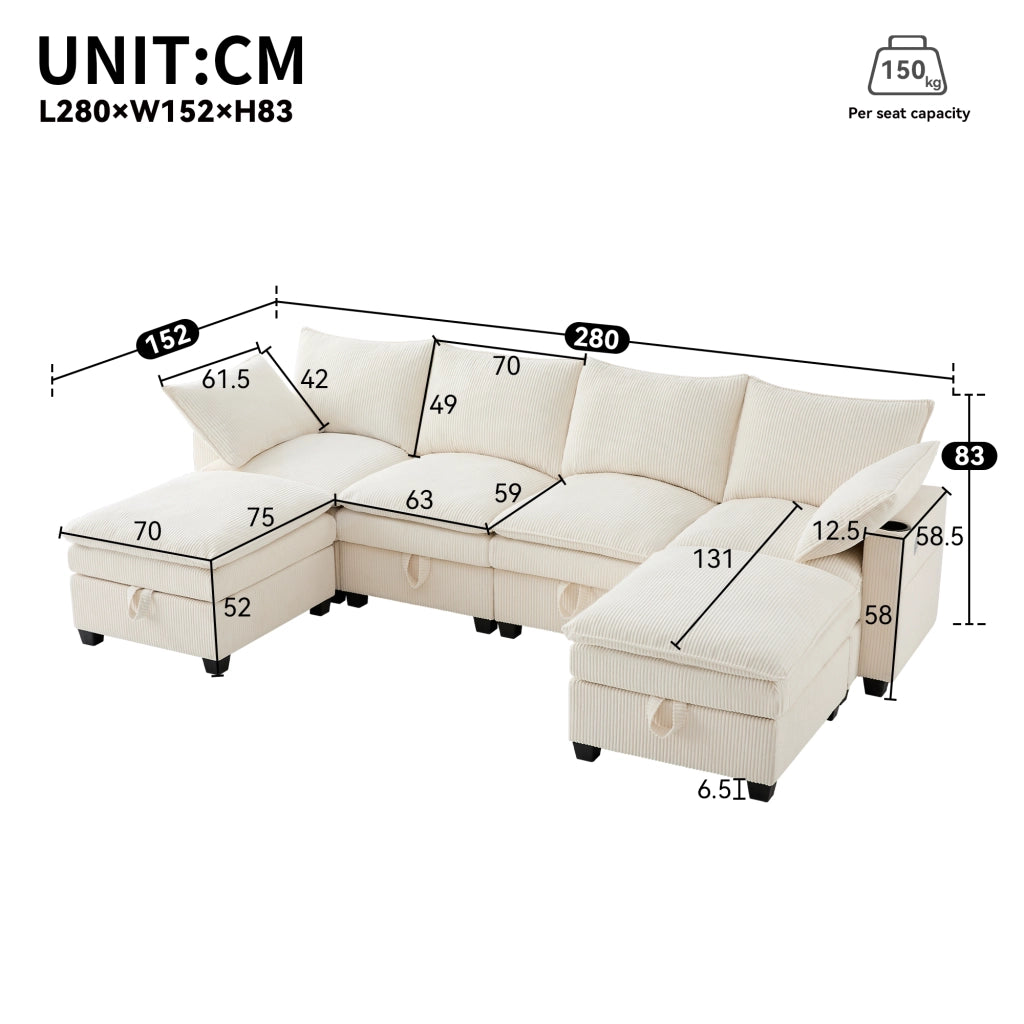 DIVANO Modulare L/U 280x151x82 cm Corduroy Beige con 2 poggiapiedi
