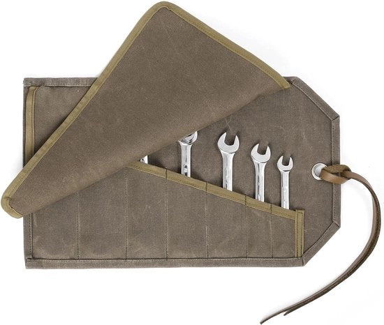 Organizzatore di strumenti in tela di canapa pesante 16 onze - Borsa portatile per chiavi inglese con 7 tasche - Metrico e SAE - Grigio