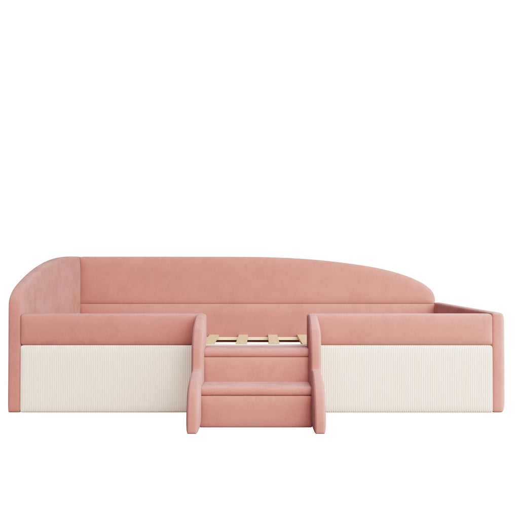 Letto per bambini 90 × 190 cm con scalini antiscivolo e sponda di sicurezza, senza materasso, velluto rosa e bianco crema
