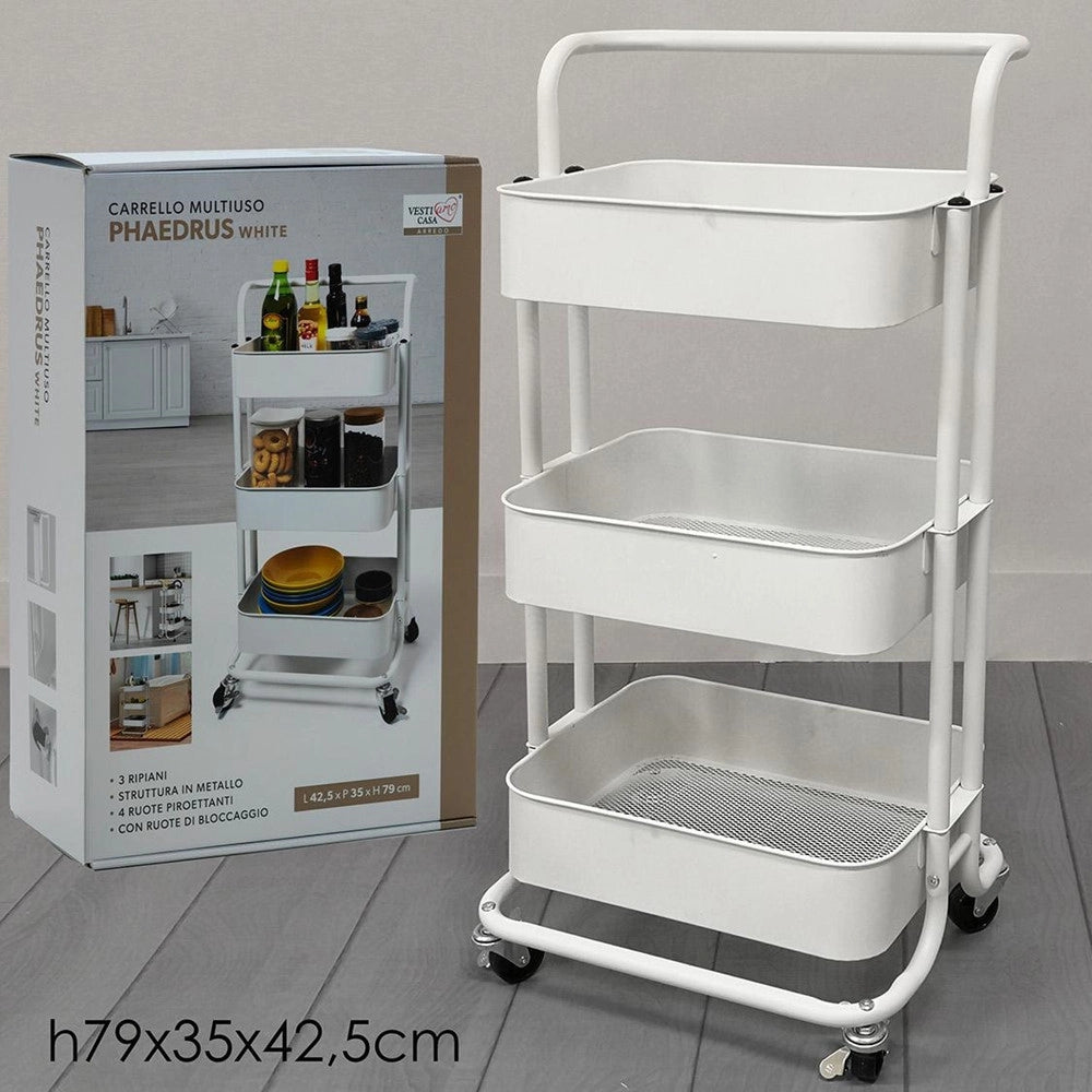 Trade Shop - Carrello Multiuso In Metallo A 3 Ripiani 4 Ruote Piroettanti Con Bloccaggio Portaoggetti -